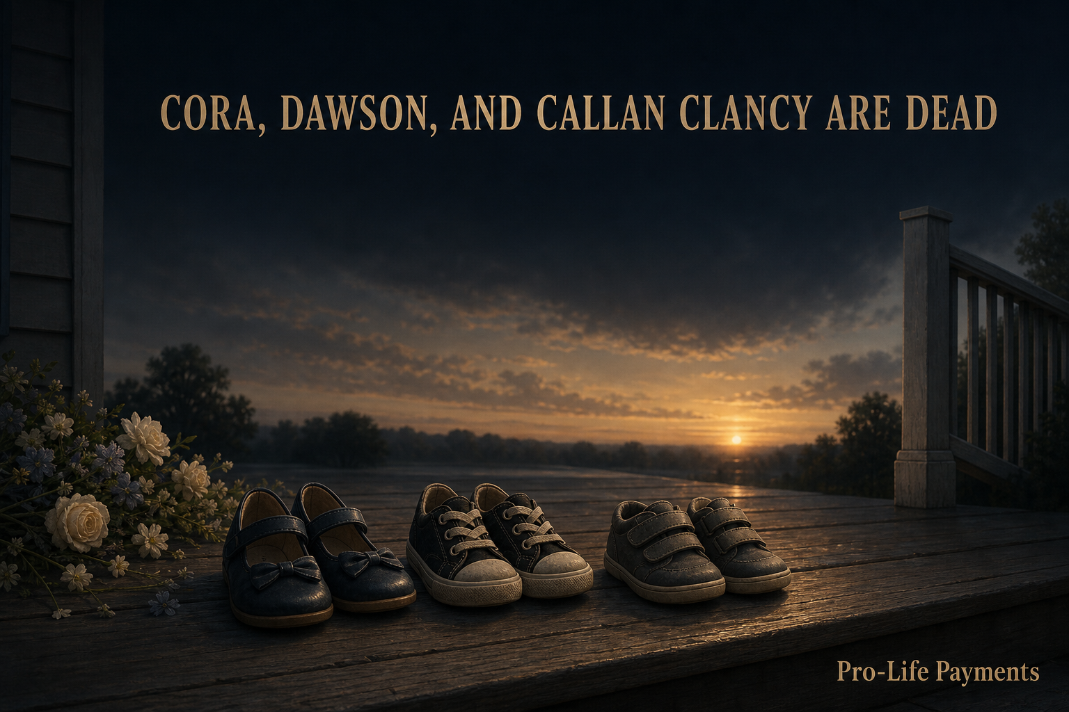 Children’s shoes and flowers at sunset remembering Cora, Dawson, and Callan Clancy