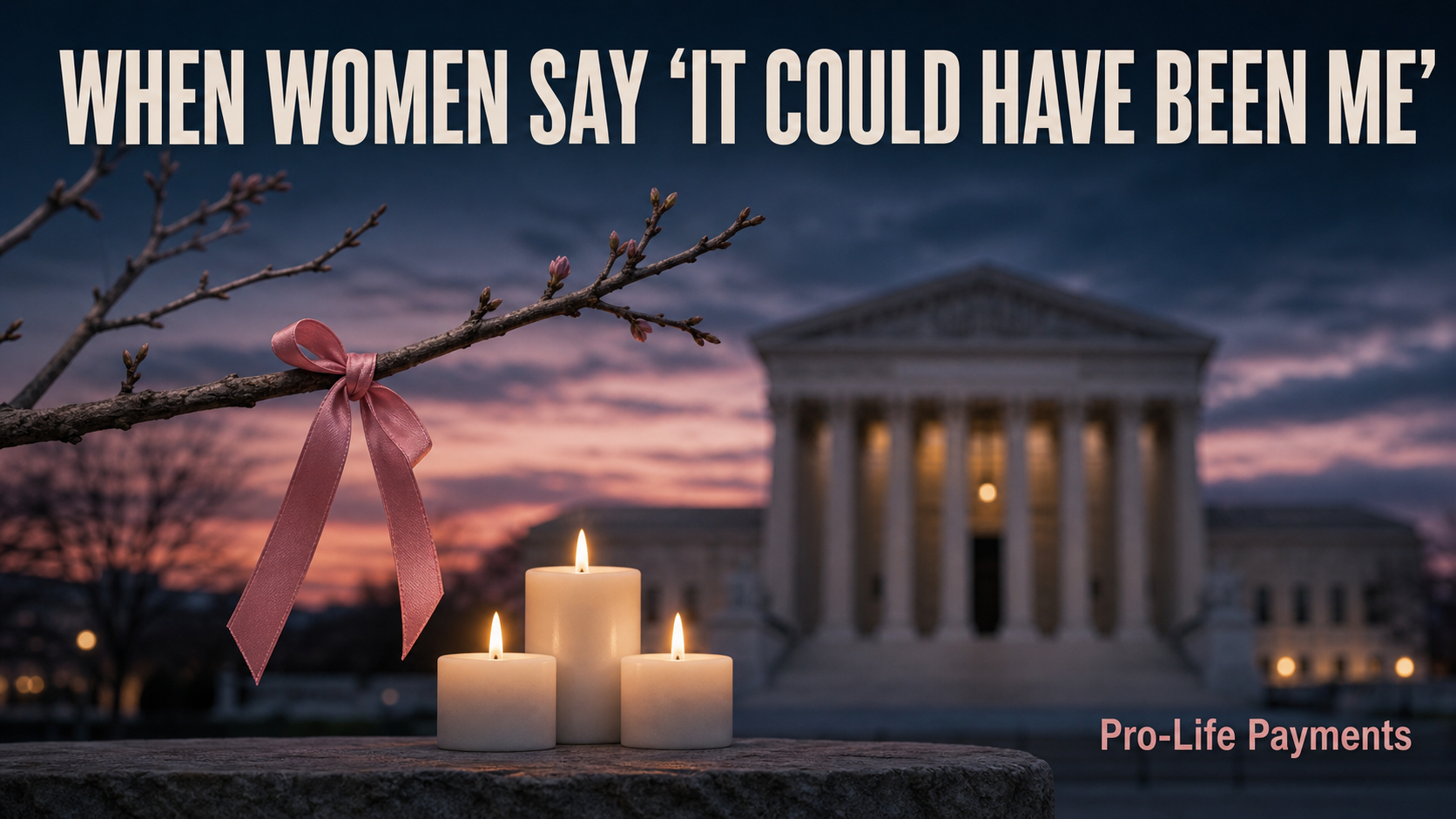 Candles and a pink ribbon before the Supreme Court with the words When Women Say It Could Have Been Me