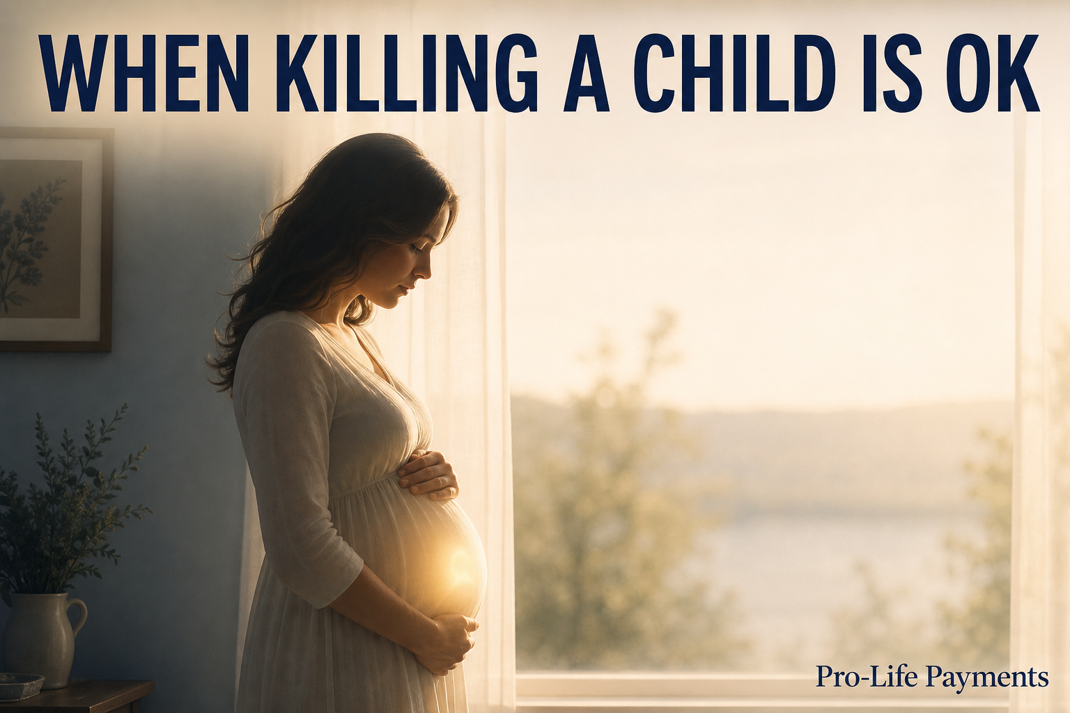 Pregnant woman standing by a bright window with the words When Killing a Child Is OK