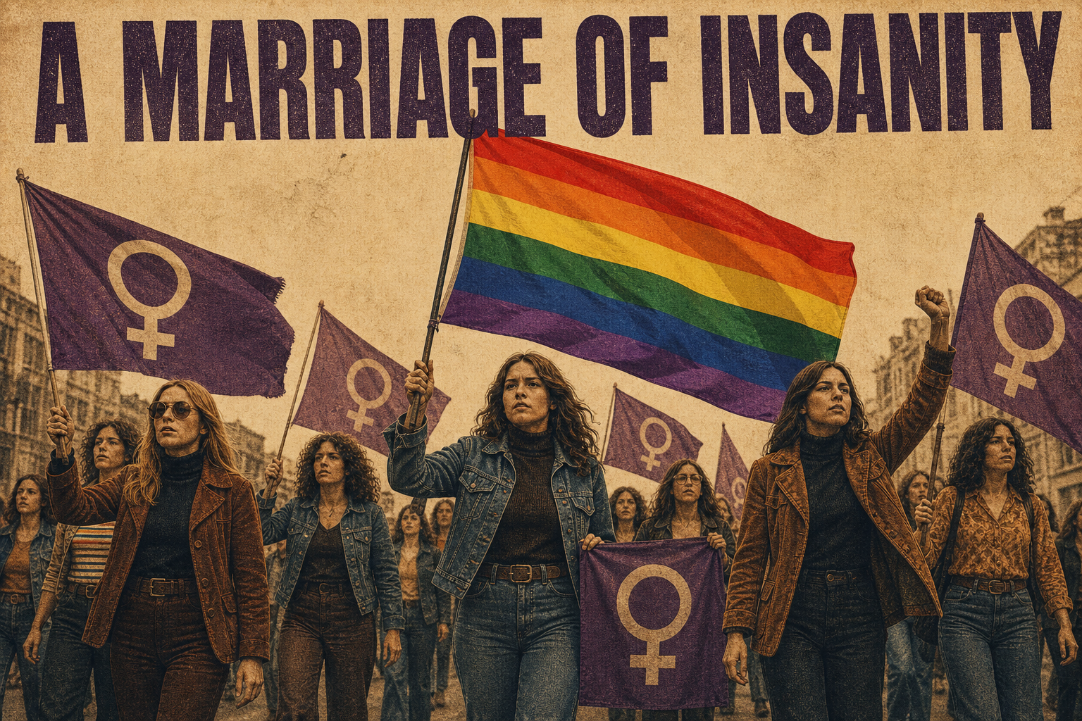 1970s-inspired women’s protest with feminist and LGBTQ flags for A Marriage of Insanity