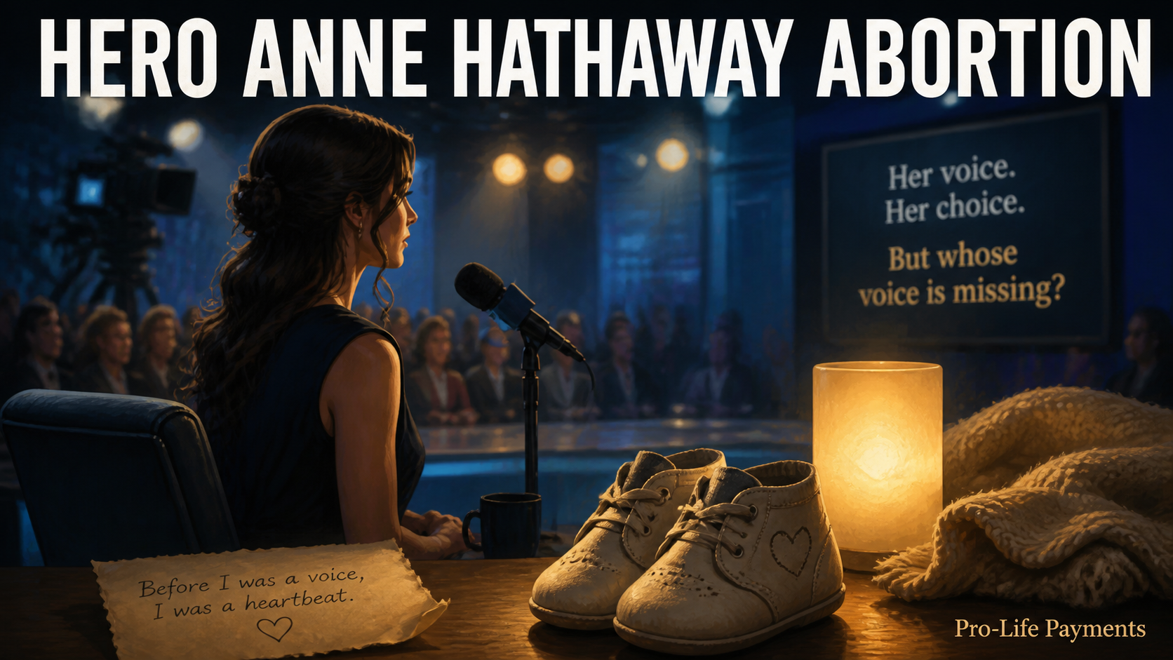 Hero Anne Hathaway Abortion: a woman speaking beside baby shoes and a candle