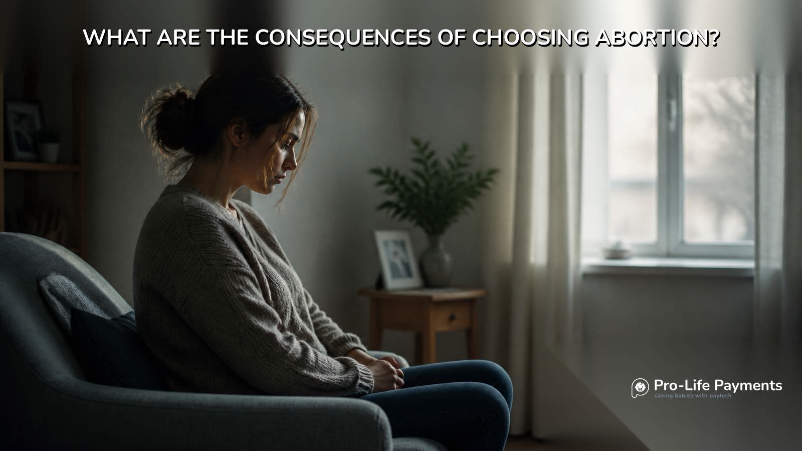 A somber scene showing a woman in quiet contemplation, representing the emotional weight and consequences of choosing abortion