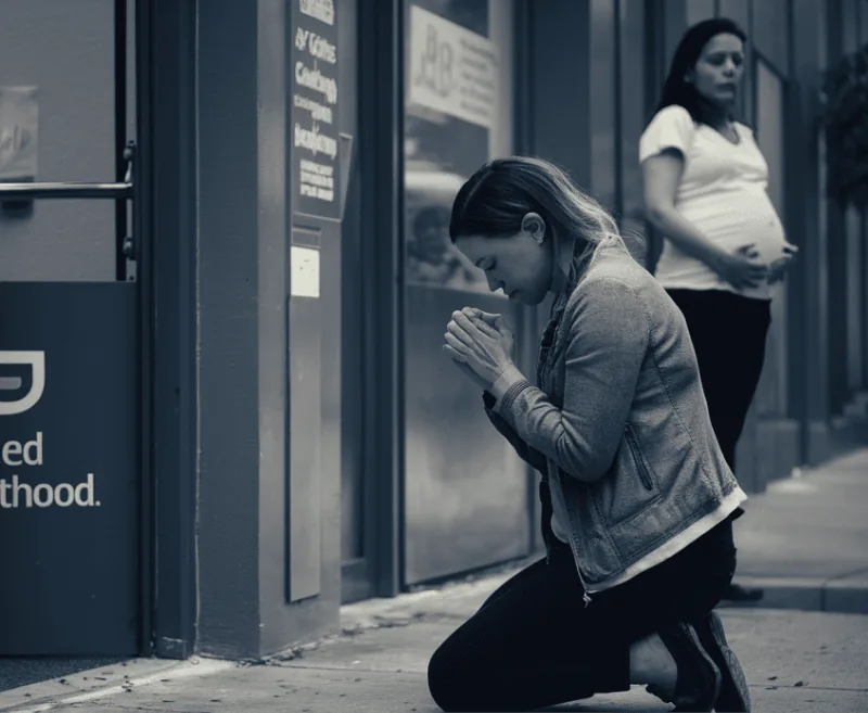 Woman praying outside abortion clinic