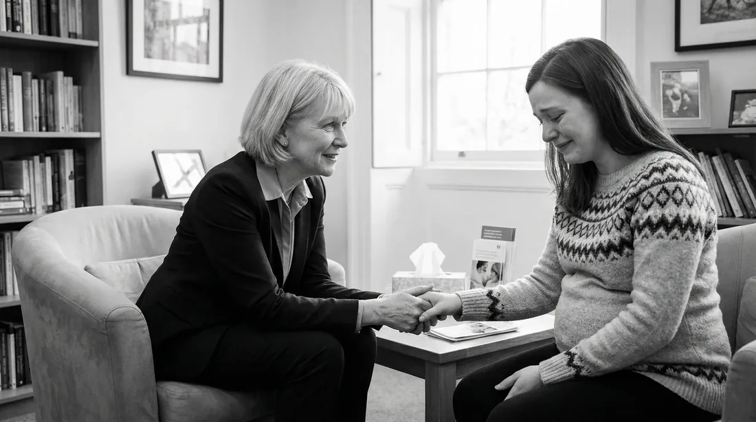 Compassionate counselor with pregnant woman