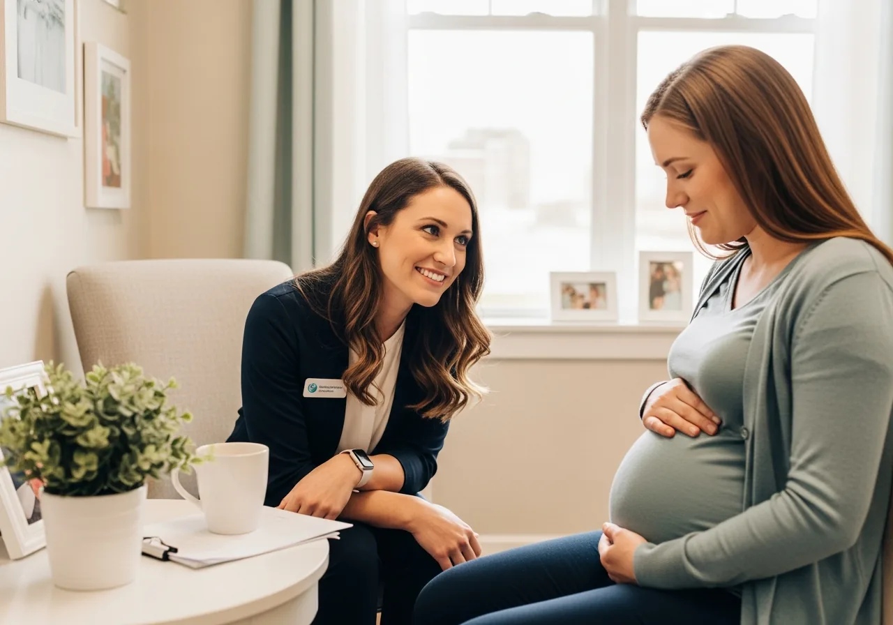 Counselor meeting with a pregnant mother at a pregnancy resource center
