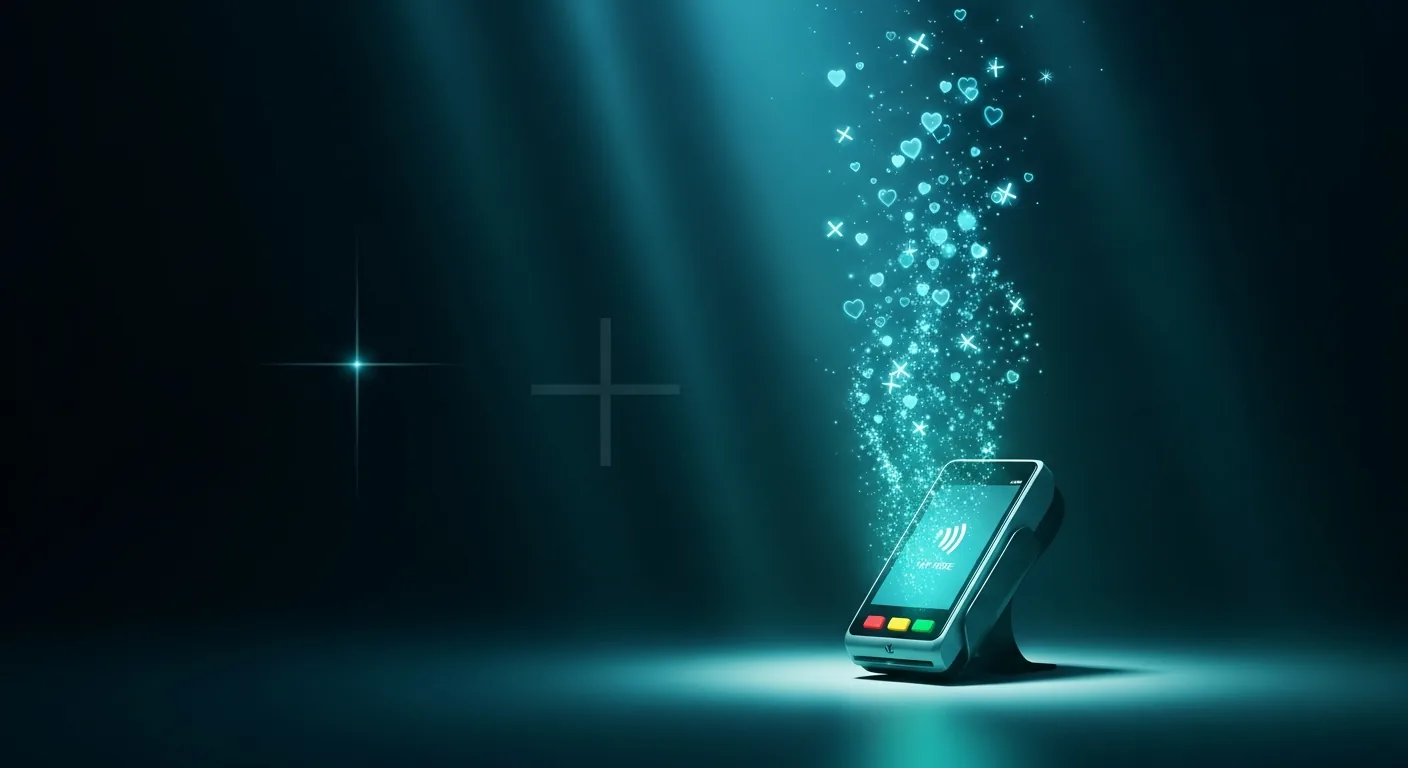 Payment terminal with hearts rising — every swipe saves a life